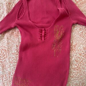 Ed Hardy Pink Ribbed top with bedazzled back